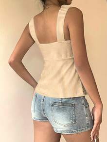 SHEIN 白色休闲女式抽绳吊带背心，户外上衣，度假风，可爱夏日上衣 - 杏色 - 查看 2