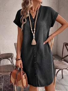 EMERY ROSE EMERY ROSE Vestido de mezclilla casual de verano con botones delanteros para mujer - Negro - Ver 5
