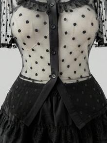 Sunspun Plus Size Spring/Summer Lace Polka Dot Hollow Out Sheer Blouse - Black - View 4