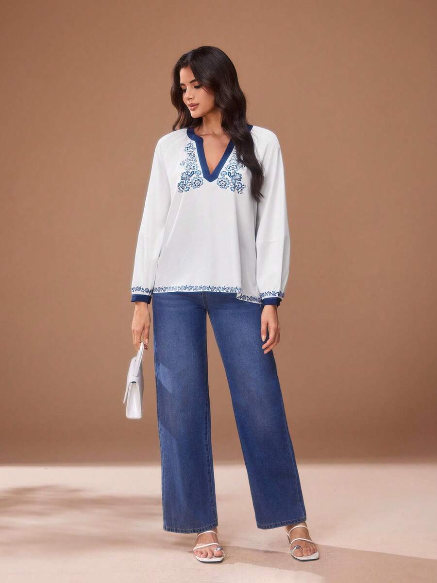 Glamance White Floral V-Neck Long Sleeve Blouse, Loose Boho Elegant Mature Casual Sexy For Outing, Work Brunch, Office, Daily, Party, Autumn - Blue and White - View 1