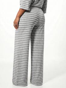 SUMWON WOMEN Striped Wide Leg Lounge Pants For Home Relaxation Comfort Sleep Pajama Bottoms With Elastic Waistband - Light Grey - View 2