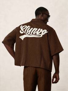 STYNVO Men's Plus Size Striped Short Sleeve Shirt And Shorts Casual Set - Brown - View 3