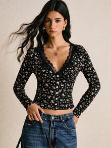 Poéselle 女款對比色蕾絲花卉V領長袖單排扣T恤 - 彩色 - 查看 7