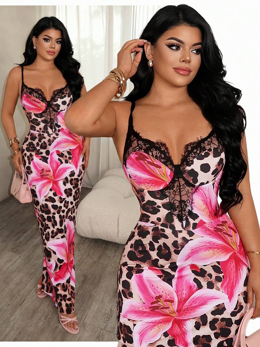 SHEIN SXY 豹紋蕾絲拼接修身細肩帶洋裝 - 彩色 - 查看 1
