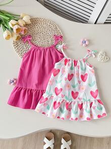 SHEIN Playful Pals 2件組夏季女童洋裝，蝴蝶結肩帶純色與花卉印花洋裝套裝，適合休閒日常穿著，女童專屬 - 彩色 - 查看 6