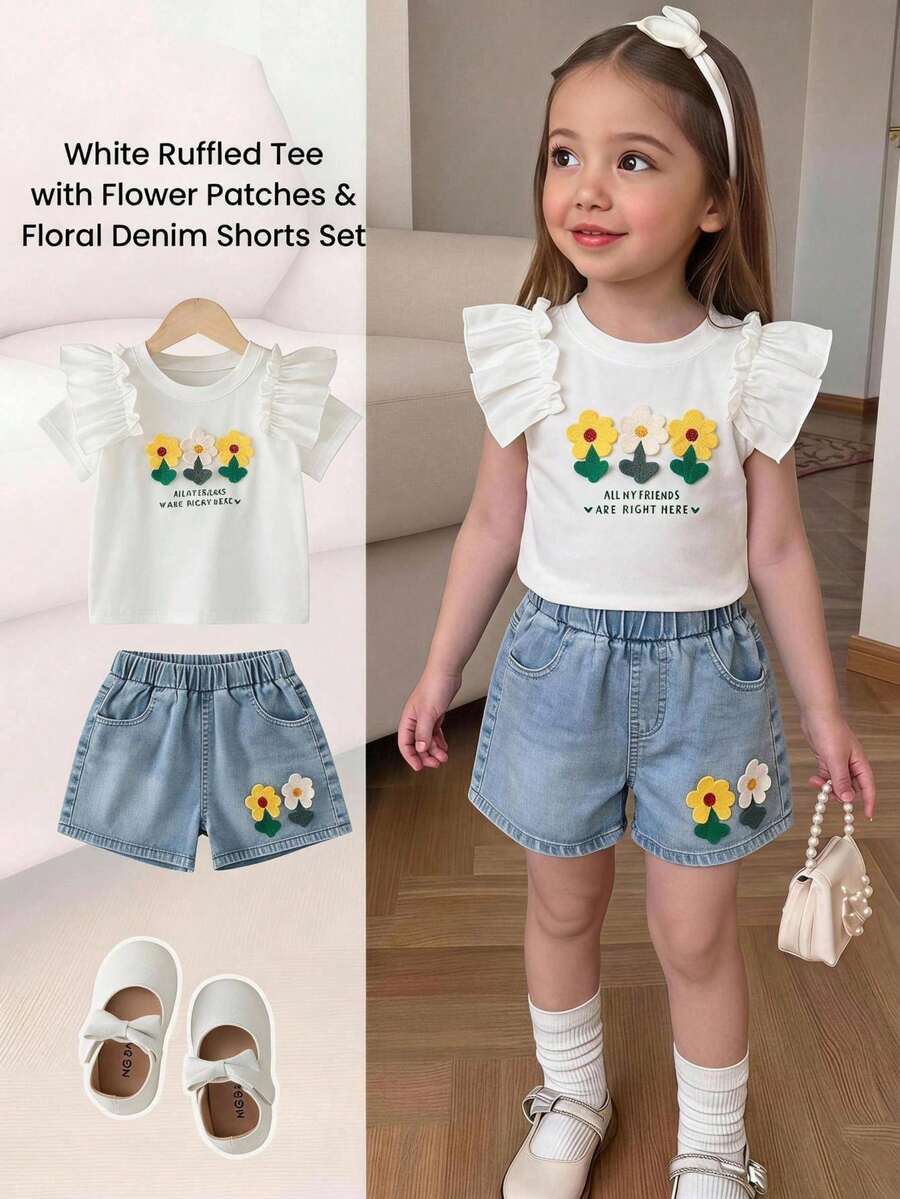 Genkimix Kids Young Girl Floral Applique Ruffle Sleeve T-Shirt And Fringe Denim Shorts 2pcs Set