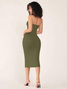 SHEIN BASICS 女款無肩帶修身緊身休閒性感晚餐洋裝 夏季女款晚裝 夜出約會夜店橄欖綠 - 軍綠色 - 查看 3