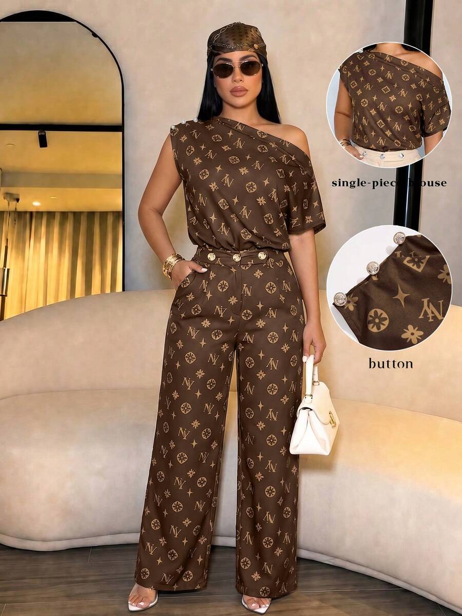 SOLERSUN Women's Summer Vintage Sexy Print Elegant Asymmetrical Neck Sleeveless Metal Button Slim Fit Shirt, One-Shoulder Top, Suitable For Going Out Dates