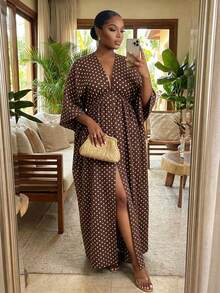 SHEIN Lady Plus Size Women's V-Neck Polka Dot Split Design Casual Party Summer Dress Fall - Multicolor - View 1