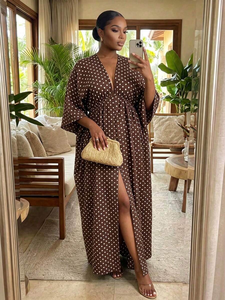 SHEIN Lady Plus Size Women's V-Neck Polka Dot Split Design Casual Party Summer Dress Fall - Multicolor - View 1
