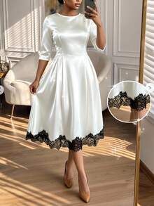 SHEIN Lady CURVE Plus Size Fashion Lace Patchwork Pleated Round Neck Dress Summer Wedding Formal Mother Of The Bride Formal Mother Of The Bride White Elegant Wedding - Multicolor - View 1