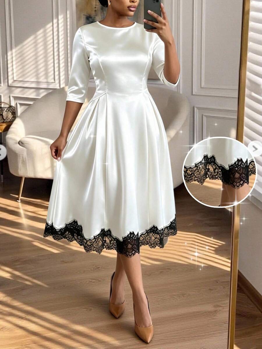SHEIN Lady CURVE Plus Size Fashion Lace Patchwork Pleated Round Neck Dress Summer Wedding Formal Mother Of The Bride Formal Mother Of The Bride White Elegant Wedding - Multicolor - View 1