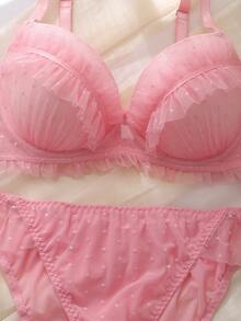 DelicateAllure 2pcs Pink Underwire Molded Cup High Support High Coverage Kawaii Cute Coquette Babydoll Comforty Balconette Ruffle Lace Romantic Sweet Plus Size Lingerie Set - Berwarna merah muda - View 4