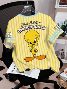 LOONEY TUNES X SHEIN 女士休闲时尚街头日常通勤趣味卡通字母条纹印花短袖T恤，夏季 - 白色 - 查看 2