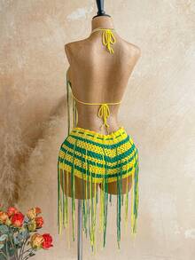 Soleia Summer Women's Vacation Style Beach Fringe Knit Bikini Set Green And Yellow Sexy - Multicolor - View 2