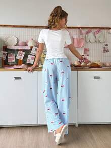 SweetSlumber Set Piyama Wanita INS Motif Garis-Garis Ceri yang Manis dan Menggemaskan dengan Trim Blok Warna, Nuansa Seru Gaya Y2K - MultiWarna - View 2