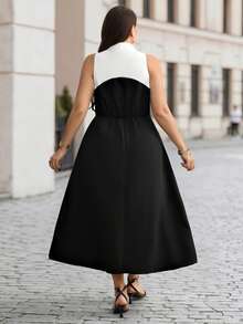 SHEIN Clasi CURVE Women's Plus Size Black And White Decorative Buckle Waist-Cinching Spring/Summer Dress Teachers' Day Formal Brunch Eleganza Elegant - Black and White - View 3
