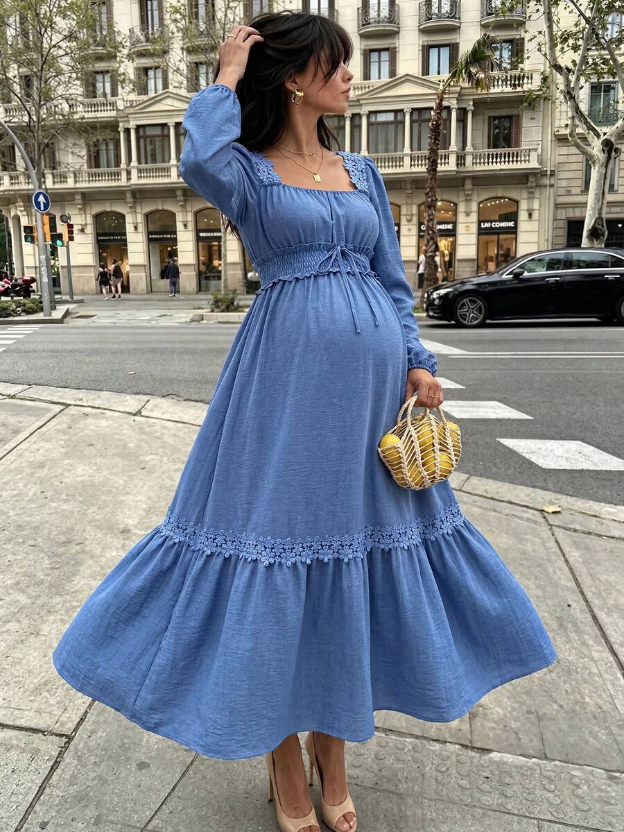 Momance Women's New French Design Ruffle Square Neck Patchwork Elegant Maternity Long Sleeve Dress Autumn Photoshoot Baby Blue - Blue - View 1