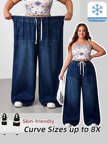 SHEIN CURVE+ 大尺碼休閒水洗寬腿牛仔褲 女款牛仔女孩風返校穿搭 - 藍色 - 查看 1