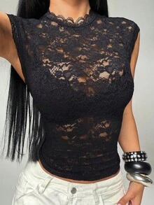EgrlEra Black Lace Semi-Sheer Sexy Minimalist Sexy Floral Trim Patchwork Fashion High-End Women's Summer T-Shirt - Black - View 6