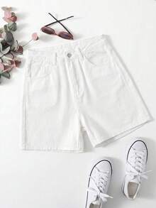 SHEIN Tall Y2K 基本款中腰休閒水洗牛仔短褲 女款 日常白色夏季 高個女性適用 - 白色 - 查看 7