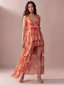 Willow Rêve Gaun Maxi Wanita Motif Bunga Kecil Oranye dengan Tali Bahu Tipis dan Hem Berkerut, Model High-Low, Gaya Boho, Gaya Pastoral, Gaya Liburan Romantis, Pakaian Pesta - MultiWarna - View 1