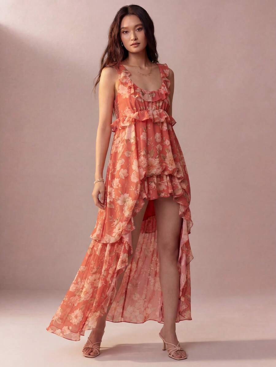 Willow Rêve Gaun Maxi Wanita Motif Bunga Kecil Oranye dengan Tali Bahu Tipis dan Hem Berkerut, Model High-Low, Gaya Boho, Gaya Pastoral, Gaya Liburan Romantis, Pakaian Pesta - MultiWarna - View 1