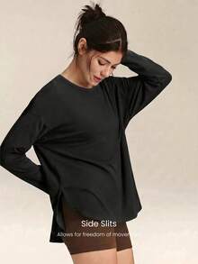 GLOWMODE Katun Pima Cuci Vintage, Lembut, Elastis, Potongan Longgar, Panjang Hingga Pinggul, Lengan Panjang dengan Belahan Samping, Pakaian Kasual Sehari-hari - Hitam - View 3