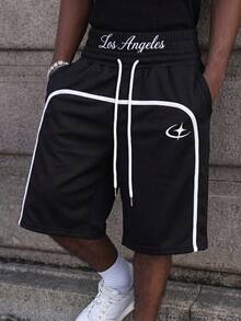 SWAVVY Shorts de chándal casuales para hombre con cintura elástica, cordón y estampado de letras, estilo fútbol - Negro - Ver 7