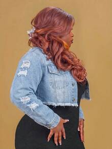 CurvyTilda Plus Size Front Button Frayed Trim Long Sleeve Ripped Denim Jacket Casual - Light Wash - View 5