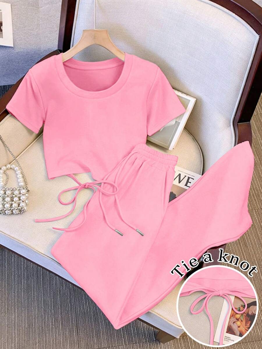Resyla Matching Short Round Neck Raglan Sleeve Top + Straight Leg Pants With Slant Pockets - Pink - View 1
