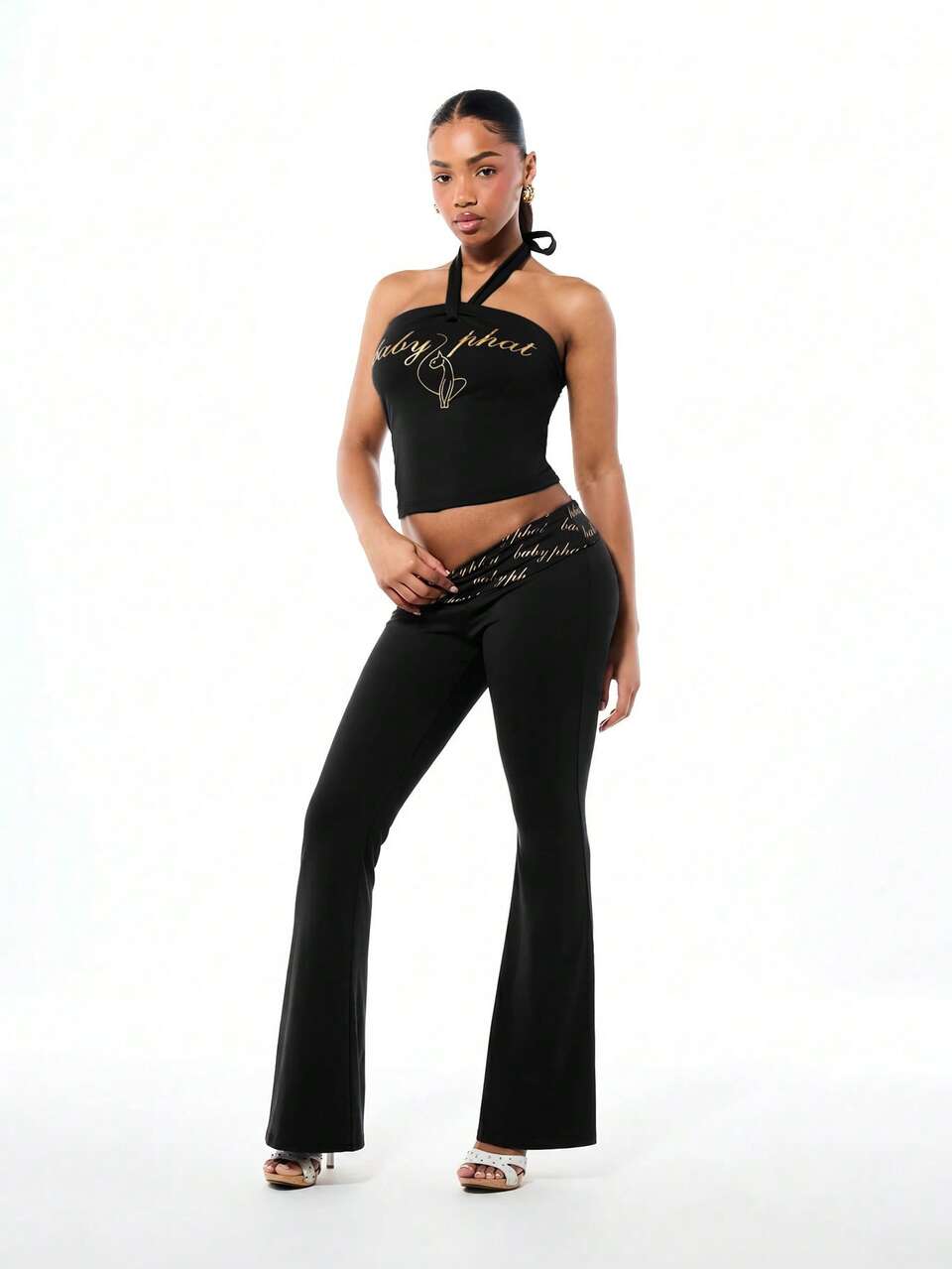 BABYPHAT Crop top con collo a laccio e stampa del logo dorato, stile bandeau senza maniche in jersey