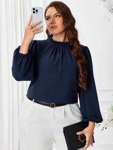 Miaspire Plus Size Women's Fall Casual Elegant Commute Solid Color Navy Blue Pleated Long Sleeve Blouse Shirt Top,Autumn,Back To School,Formal,Office,Vacation - Navy Blue - View 4