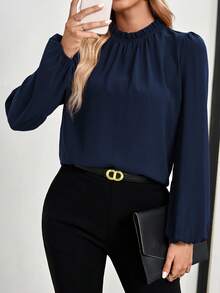 Miaspire Plus Size Women's Fall Casual Elegant Commute Solid Color Navy Blue Pleated Long Sleeve Blouse Shirt Top,Autumn,Back To School,Formal,Office,Vacation - Navy Blue - View 1