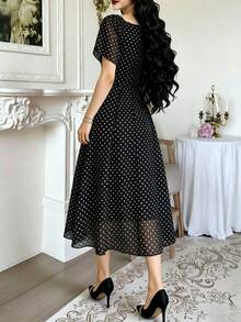 Modelyn Polka Dot Print Fashion Square Neck Pleated Flutter Sleeve Design Women's Minimalist Midi Dress, Summer Waist-Defining Long Elegant Dress, Black Polka Dot Pattern White Chiffon Skirt, Suitable For Summer Vacation, Daily Wear - Multicolor - View 2