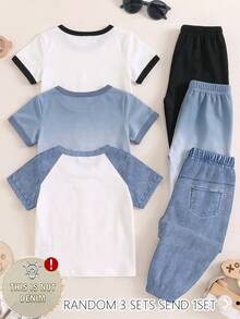 SHEIN 3 Sets, Get-1 Set Random Minimalist Casual Cute Fashion Bear Pattern  Print T-Shirt And Matching Denim Print Long Pants Set - Multicolor - View 2