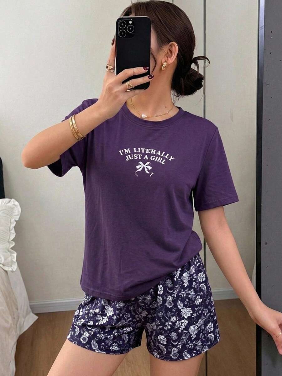 DAZY 女款標語印花短袖上衣與短褲睡衣套裝 - 紫色 - 查看 1