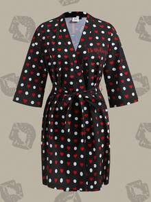 Betty Boop x SHEIN Áo choàng ba phần tư tay lỡ in họa tiết chấm bi và trái tim mùa hè, phong cách giản dị, gợi cảm và dễ thương, có thắt lưng, mùa thu và đông - màu đen - Xem 2