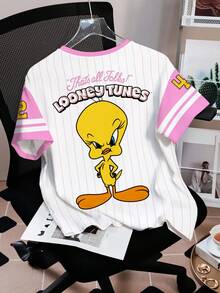 LOONEY TUNES X SHEIN 女士圆领短袖休闲T恤，全印花 - 白色 - 查看 2