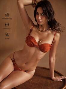 MOTF PREMIUM TEXTURED BEAD DECOR DETAILS, PEARLESCENT STRETCHY FABRIC, RELAXED BEACH PARTY BIKINI SET FOR WOMEN - Orange - View 1