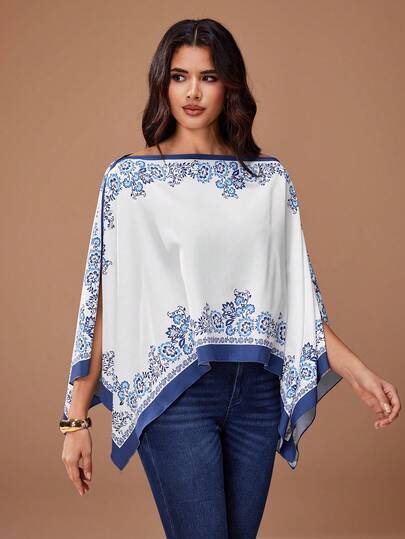 Glamance Top asymétrique à imprimé floral blanc & bleu, élégant, mature, décontracté, sexy, pour le travail, le bureau, les sorties, les rassemblements quotidiens, les fêtes, les mariages, les demoiselles d'honneur, les anniversaires, les vacances