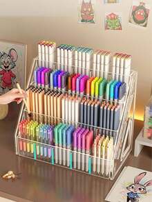 1 Pack Large Capacity Acrylic Clear Transparent Pen Tray Desk Painting Art Marker Storage Organizer Rack Box With Removable Dividers Stackable Lightweight For School Office Back To School Desktop Supplies Stationery Holder - multicolor - View 7