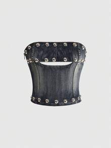 ROMWE Grunge Punk Summer Punk Y2K Sexy Hot Girl Metal Rivet Hollow Out Design Vintage Washed Fitted Tube Denim Top Club Night Out Dark Blue - Blue - View 1