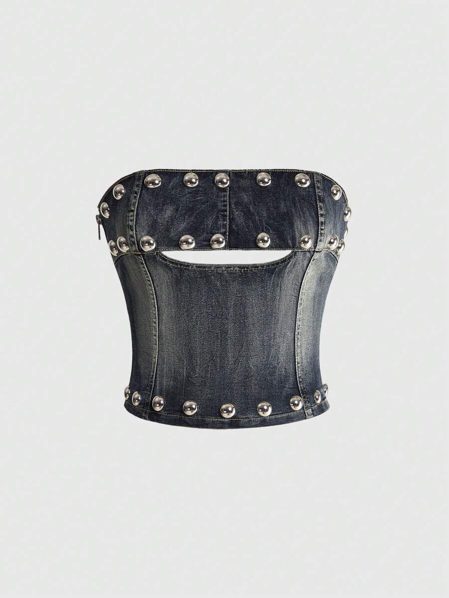 ROMWE Grunge Punk Summer Punk Y2K Sexy Hot Girl Metal Rivet Hollow Out Design Vintage Washed Fitted Tube Denim Top Club Night Out Dark Blue - Blue - View 1