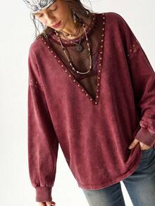 Bohemela Casual Grunge Solid Color Knit Round Neck Long Sleeve Loose Washed Women's Sweatshirt Concert Burgundy Autumn - Burgundy - View 7