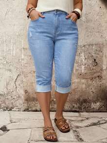 EMERY ROSE EMERY ROSE Plus Size Women Distressed Pocket Casual 3/4 Length Jeans - Light Wash - View 4