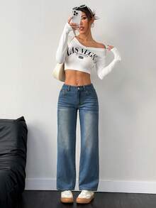 SHEIN PETITE 女款休閒牛仔褲，時尚夏季款，適合嬌小女性 - 藍色 - 查看 4
