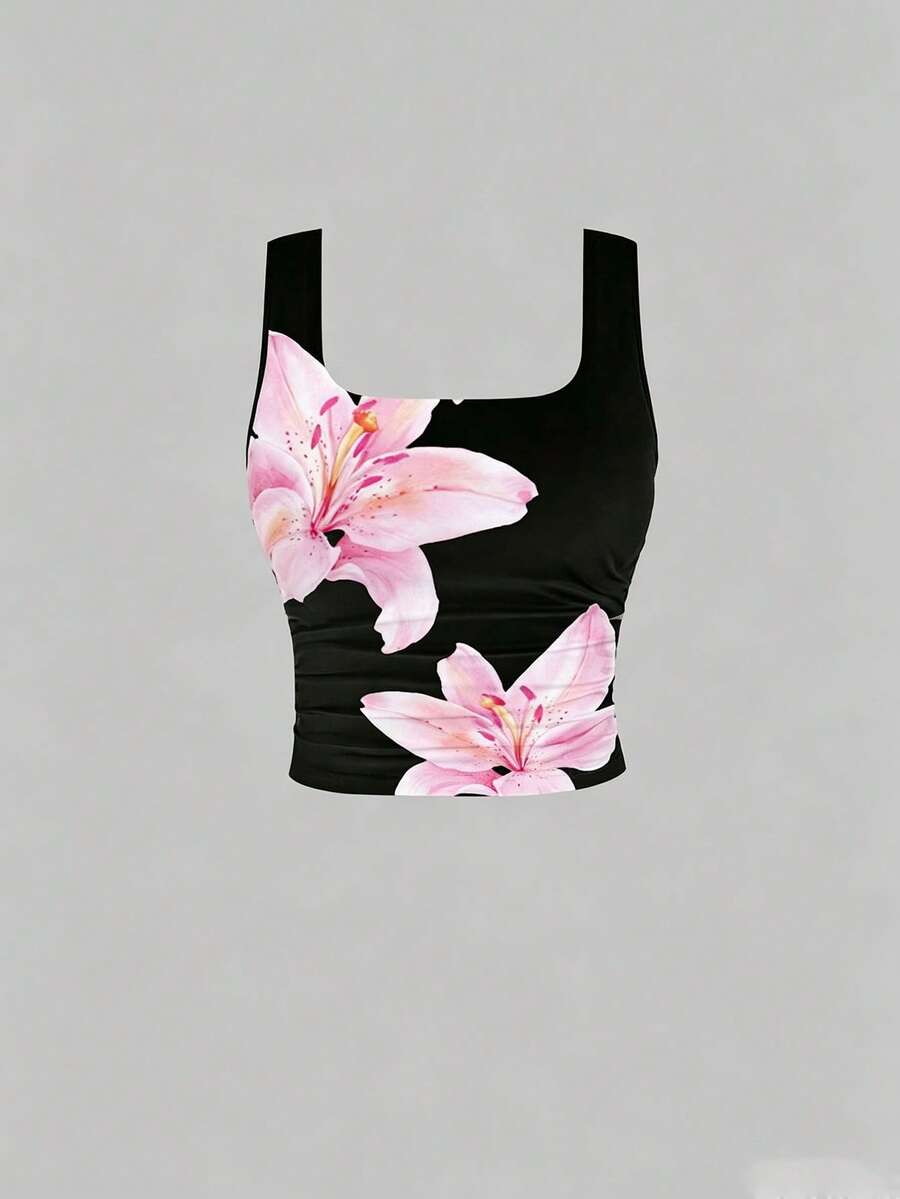 SHEIN Unity 女士性感极简风辣妹印花修身吊带背心 - 黑色 - 查看 1