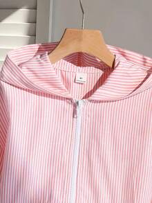 SHEIN 青少年女孩時尚條紋拉鍊長袖口袋連帽外套 - 粉色 - 查看 7