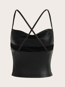 SHEIN ICON Draped Front Crisscross Backless PU Leather Cami Going Out Tops - Black - View 2